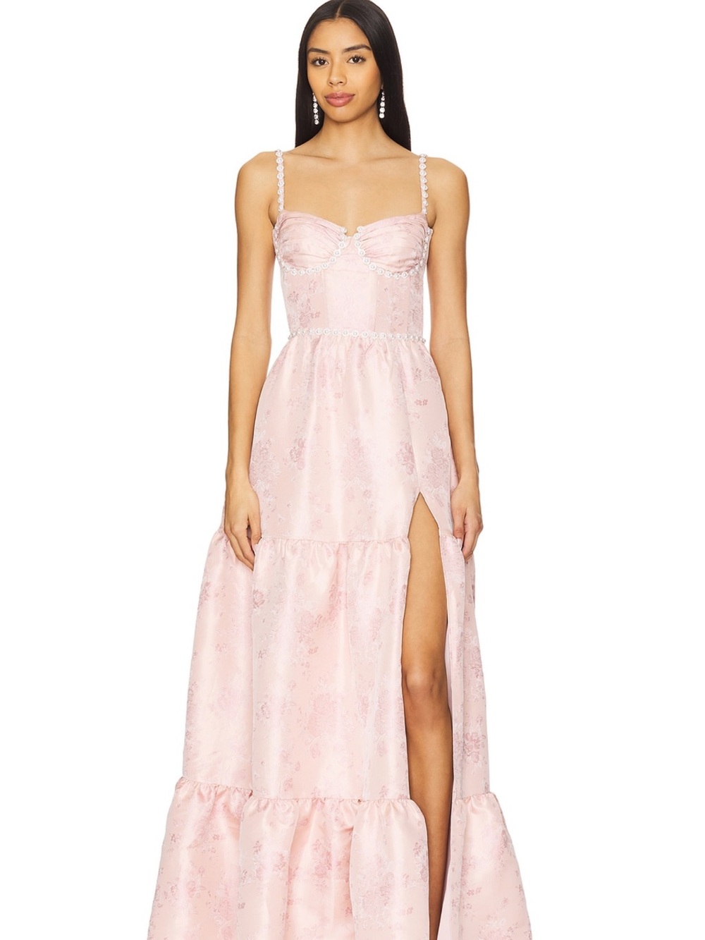 V. Chapman Pale Pink Floral Bustier Maxi Dress with Side Slit